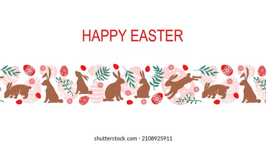 Vector illustrations of Easter greeting card horizontal design with bunnies, palm and eggs