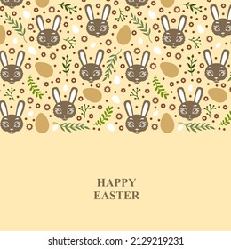 Vector illustrations of Easter greeting card with bunnies muzzle, eggs and decorative floral element