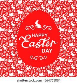 Vector illustrations of Easter greeting card with Easter symbol ornament and greeting text on red background