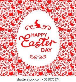 Vector illustrations of Easter greeting card with Easter symbol ornament and greeting text with rabbit