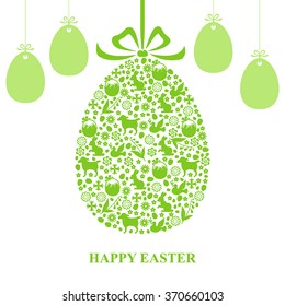 Vector illustrations of Easter greeting card in eggs form of Easter symbols hanging