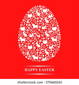 Vector illustrations of Easter greeting card in eggs form of Easter symbols on red background