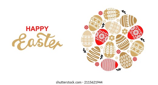 Vector illustrations of Easter horizontal card with round decorative ornament of eggs