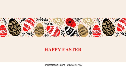 Vector illustrations of Easter horizontal card with decorative eggs and branches
