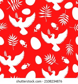 Vector illustrations of Easter pattern seamless with doves, palms branches and eggs