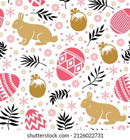 Vector illustrations of Easter pattern seamless with eggs, rabbits, baskets  and decorative floral element