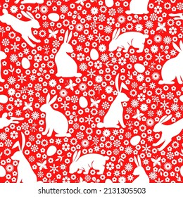 Vector illustrations of Easter pattern seamless with rabbits, flowers and eggs