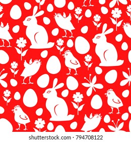 Vector illustrations of Easter pattern seamless with chicks, eggs and bunny on red background