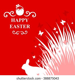 Vector illustrations of Easter rabbit in grass card on red background