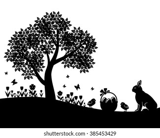 Vector illustrations of Easter silhouette landscape with hare, basket with eggs, chickens, flowers and tree isolated on white background
