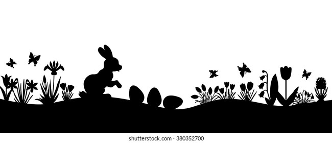 Vector illustrations of Easter spring silhouette landscape with hare, eggs, and flowers isolated on white background