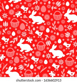 Vector illustrations of Easter symbols pattern seamless on red background