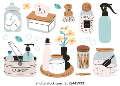 Vector illustrations of eco friendly laundry and cleaning accessories, washing supplies collection, glass jars with detergents, brushes, spray bottles, clothespins, household equipment, storage tips