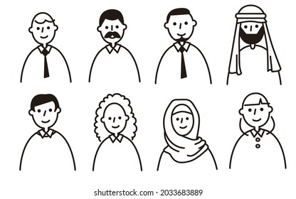 Ilustraciones vectoriales de ocho personas de diferentes países.