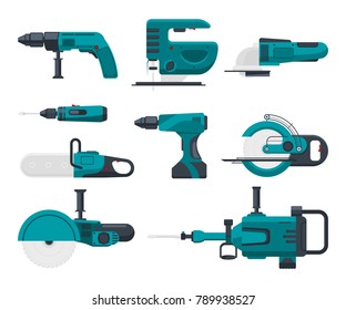 Vector illustrations of electrical construction tools. Set of electric equipment screwdriver and jackhammer, jigsaw and grinder
