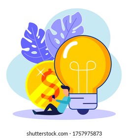 Ilustraciones vectoriales, emprendedores e ideas conceptuales creativas sobre las claves del éxito, bombillas y símbolos, buscando un nuevo pensamiento creativo, invirtiendo e invirtiendo dinero en ideas.