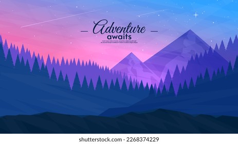Vector illustrations. Evening landscape with hills, forest and mountains. Flat style illustration. Design for invitation, greeting card.