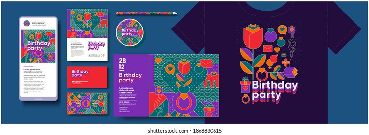 Vector illustrations for the event. A birthday or a romantic relationship. Stylized background with gifts, flowers and festive elements. Corporate identity, branding, mobile phone, package, postcard.