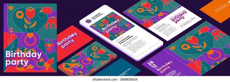 Vector illustrations for the event. A birthday or a romantic relationship. Stylized background with gifts, flowers and festive elements. Corporate identity, branding, mobile phone, package, postcard.