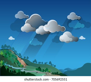 Vector illustrations, extreme weather, rain and landslides in the hills