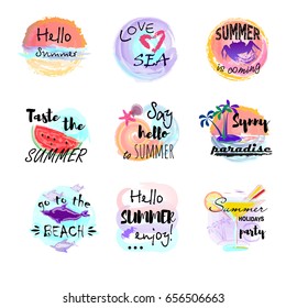 Vector illustrations for fabric, poster prints. Summer logos, hand drawn tags and elements set, labels, for summer holiday, travel, beach vacation, sun.
Watercolor and lettering style.