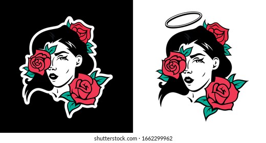 Vector illustrations of the face of a sexy girl with roses. Template for a tattoo, t-shirt print, sticker or logo. Retro badges in color versions.