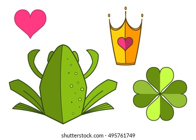 Vector illustrations of fairy tale elements - frog, heart, crown and a clover leaf