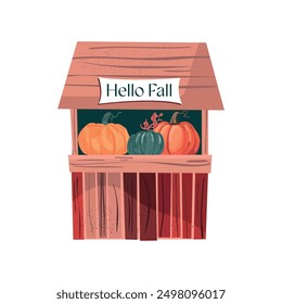 vector illustrations for fall, white background, simple
flat style with the text "Hello Fall", farm house decor, full of pumpkins and gourds, lanterns, wooden fence