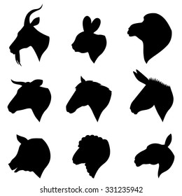 Vector illustrations of farm animals heads silhouettes set 