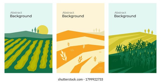 Vector Illustrations With Farm Land, Agricultural Fields, Hills And Landscape. Summer And Autumn Nature. Banners With Agriculture Or Farming. Set Of Abstract Backgrounds. Flyer, Poster, Brochure Cover