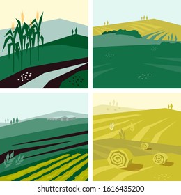 Vector illustrations with farm land, corn or crop field, hayfield and agricultural building. Set of agri backgrounds. Design with landscape for agriculture or farming. Backdrops for flyer, banner, web