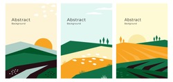 Ilustrații Vectoriale Cu Teren Agricol, Natură, Peisaj Agricol. Bannere Cu Conceptul Agriculturii Sau Agriculturii. Set De Fundaluri Abstracte. Șablon De Design Pentru Copertă Pliantă, Poster, Carte Sau Broșură