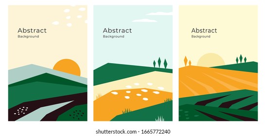 Vector illustrations with farm land, nature, agricultural landscape. Banners with agriculture or farming concept. Set of abstract backgrounds. Design template for flyer, poster, book or brochure cover
