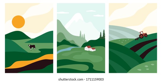 Ilustraciones vectoriales con tierra de cultivo, naturaleza, paisaje. Pancartas agrícolas o agrícolas. Conjunto de fondos abstractos con vaca, tractor en el campo, casa de los agricultores. Diseño para volante, póster, portada de folleto.