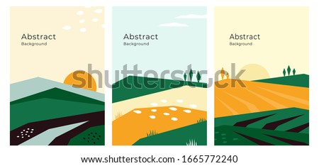 Vector illustrations with farm land, nature, agricultural landscape. Banners with agriculture or farming concept. Set of abstract backgrounds. Design template for flyer, poster, book or brochure cover