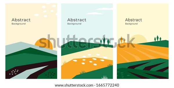 Vector illustrations with farm land, nature,
agricultural landscape. Banners with agriculture or farming
concept. Set of abstract backgrounds. Design template for flyer,
poster, book or brochure
cover
