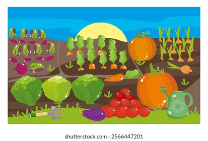 vector illustrations of a farmer's garden with carrots, cabbage, beets, onions, pumpkins, tomatoes, watering can and rake on a blue sky background