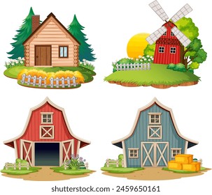 Vector illustrations of farmhouses and barns in rural settings