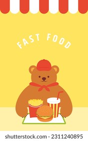 Vektorgrafiken eines Fast Food- und Drink-Sets und Teddybär-Mitarbeiter für Banner, Karten, Flyer, Wallpaper in sozialen Medien