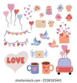 Ilustraciones vectoriales con corazones y dulces, ideales para tarjetas de San Valentín, empaques de regalo, gráficos de redes sociales, ropa, carteles y cualquier proyecto de amor. ¡Dulces y festivos diseños!