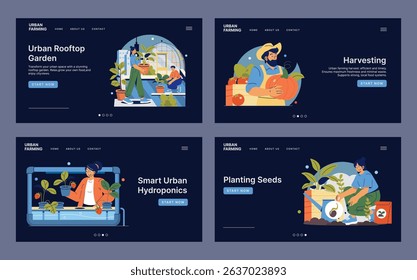 Vector illustrations featuring scenes of urban farming, including rooftop gardening, harvesting, smart hydroponics, and seed planting, focusing on sustainable agriculture and community wellness.