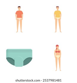 Vector illustrations featuring two men in swim trunks and a woman in a bikini with separate swim shorts