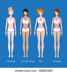 Vector illustrations of female body types on blue background.