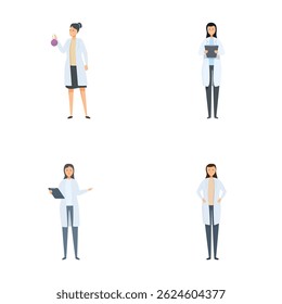 Ilustrações vetoriais de cientistas do sexo feminino com equipamentos de laboratório e tablets