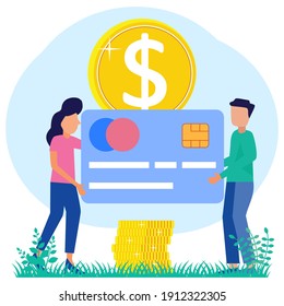 Vector illustrations, financial transactions, non-cash transactions in payments. Postal terminals and payment systems, monetary currencies, coins, credit card payment concepts.