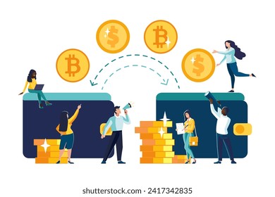 Vector illustrations. Financial transactions, penny transfers, banking transactions, great deals with coins, dollars and bitcoin. Business, ethnic people, African Americans, teamwork.Currency exchange