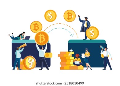 Ilustrações vetoriais. Transações financeiras, transferências de centavos, transações bancárias, ótimos negócios com moedas, dólares e bitcoin. Negócios, pessoas étnicas, afro-americanos, trabalho em equipe.Câmbios