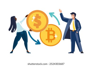 Ilustrações vetoriais. Transações financeiras, transferências de centavos, transações bancárias, moedas de ouro, troca entre dólar e bitcoin. Negócios, homem de negócios, pessoas, mulher afro-americana, trabalho em equipe