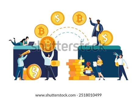 Vector illustrations. Financial transactions, penny transfers, banking transactions, great deals with coins, dollars and bitcoin. Business, ethnic people, African Americans, teamwork.Currency exchange