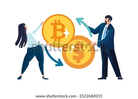 Vector illustrations. Financial transactions, penny transfers, banking transactions, gold coins, exchange between dollar and bitcoin. Business, businessman, business people, Europeans, team work